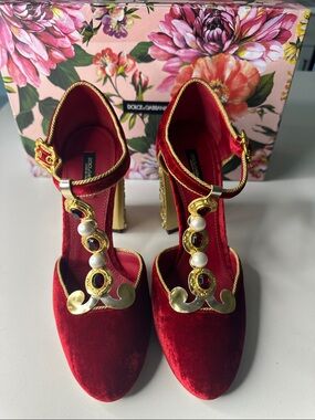 RARE Dolce & Gabbana Red Velvet Gold-Tone Jeweled Ankle-Strap Heels